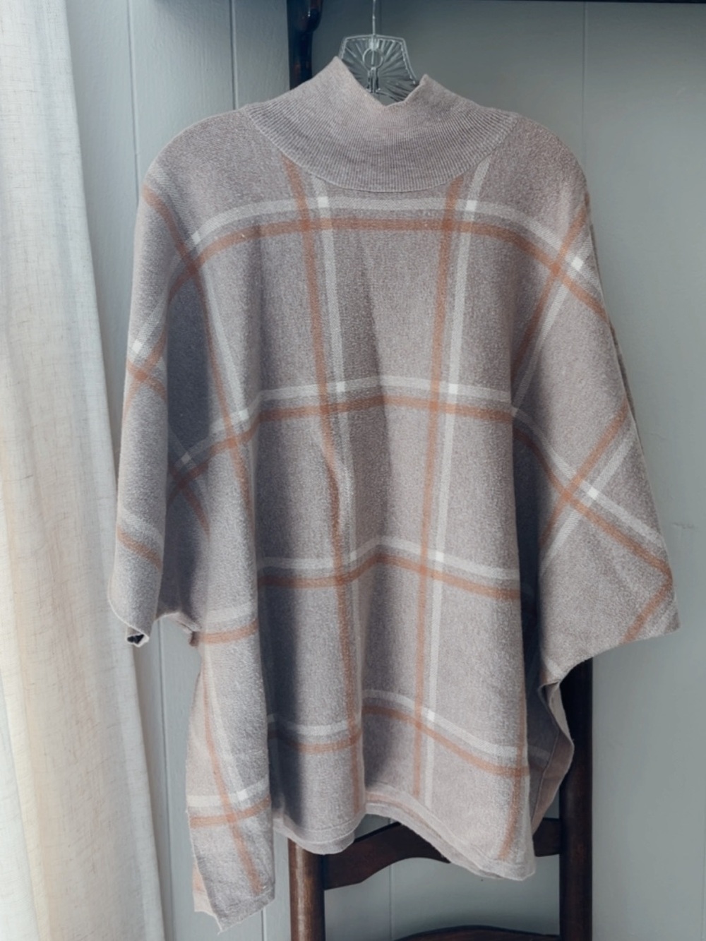 Max Studio Taupe & Cream Plaid Mock Neck Poncho